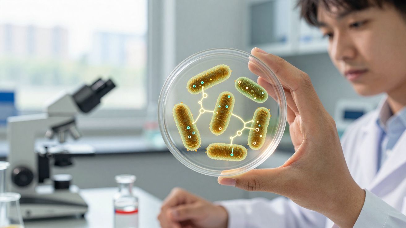 Cientista segurando placa de Petri com bactérias em laboratório com microscópio ao fundo.