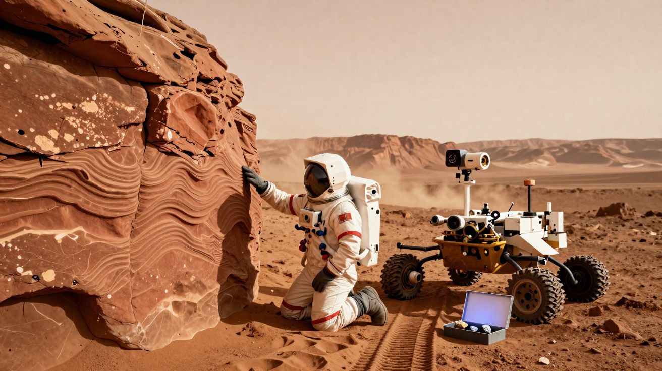 Astronauta em traje espacial examina rocha vermelha em solo marciano com rover de exploração próximo.
