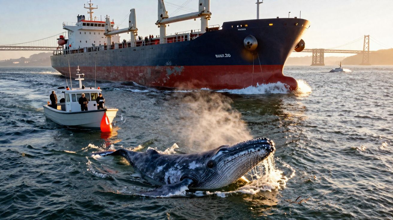Baleia emergindo próximo a barco pequeno e cargueiro no mar ao pôr do sol, com uma ponte ao fundo.