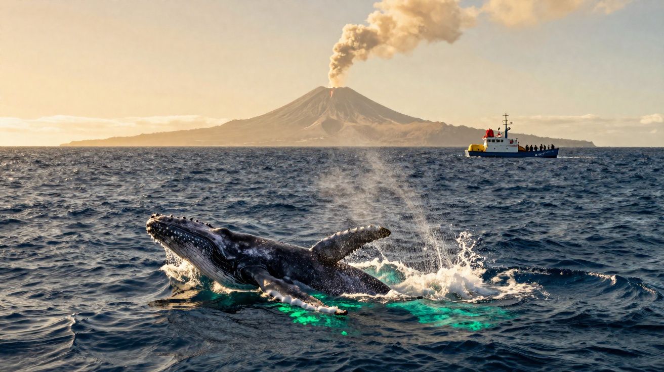 Baleia saltando no mar com vulcão ativo ao fundo e barco com pessoas observando a cena.