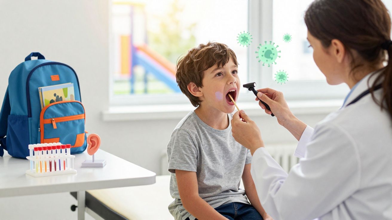 Criança sendo examinada na garganta por médica em consultório, com mochila e materiais ao fundo.