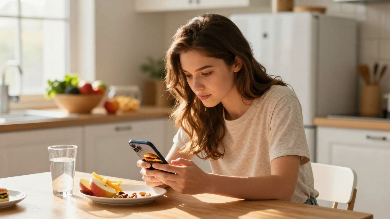 Jovem sentada à mesa na cozinha, olhando para o celular, com lanche e copo d'água à frente.