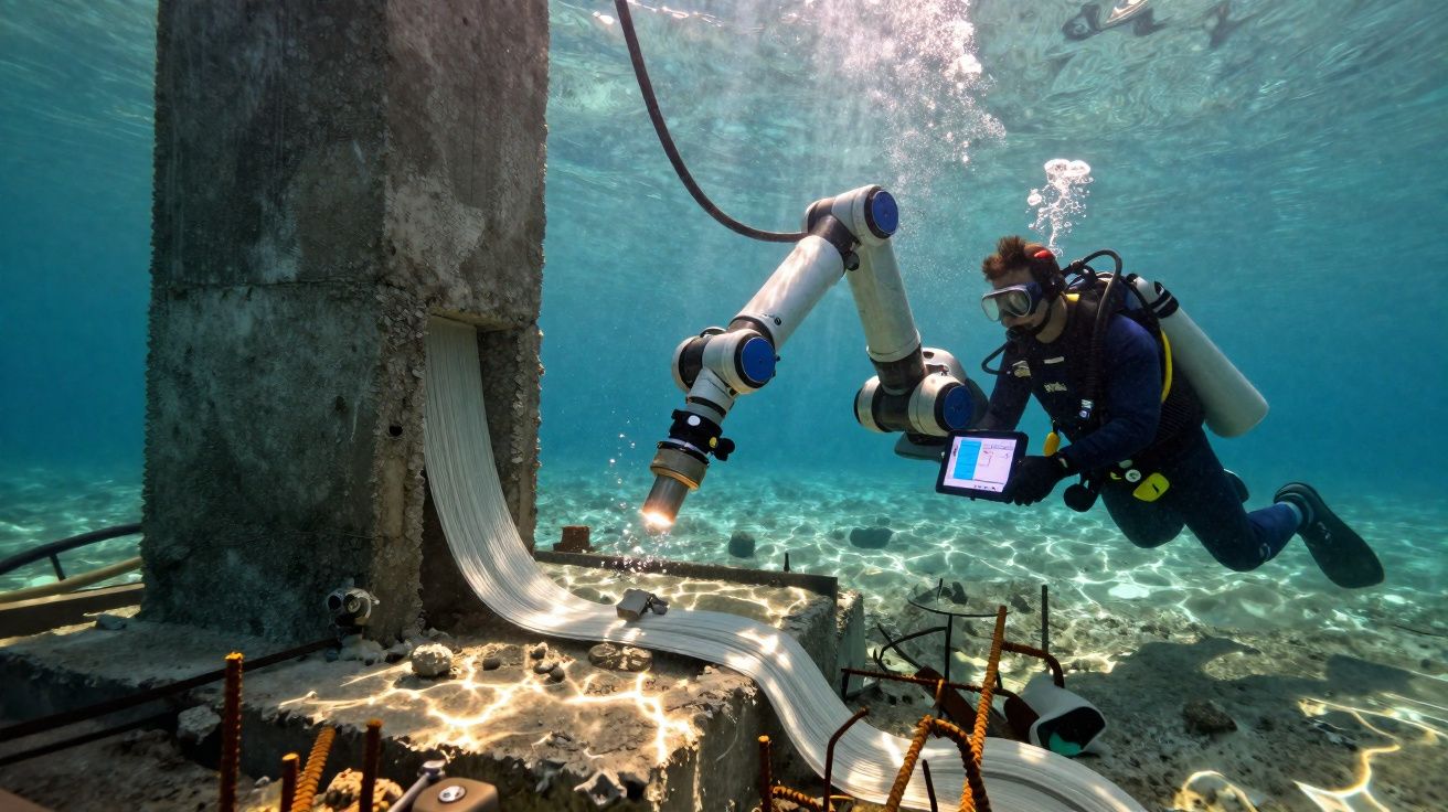 Mergulhador operando braço robótico para construção subaquática em ambiente limpo e claro.