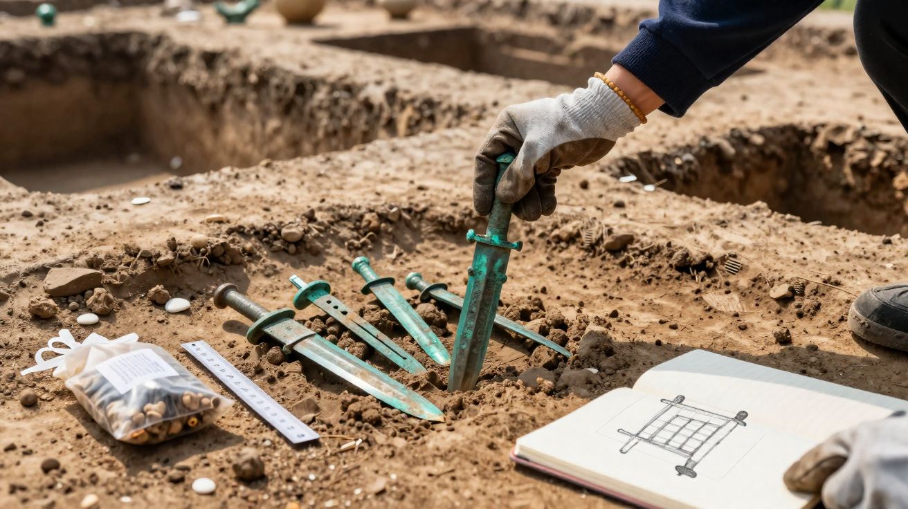 Pessoa usando luva escava e recolhe adagas antigas em sítio arqueológico com caderno de desenhos ao lado