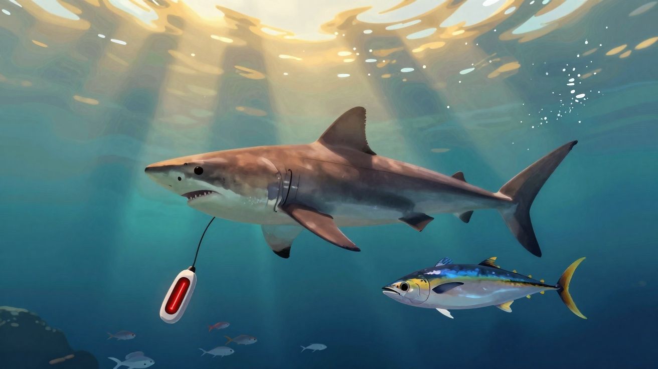 Tubarão nadando com isca vermelha presa e um peixe colorido ao lado em água azul iluminada pelo sol.