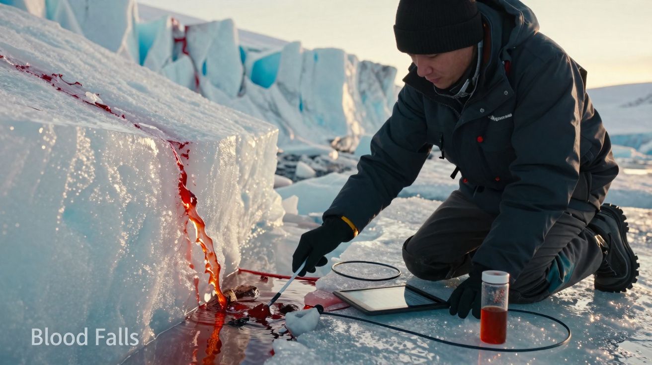 Cientista coleta amostra do lago de sangue em geleira congelada no Ártico durante pesquisa.