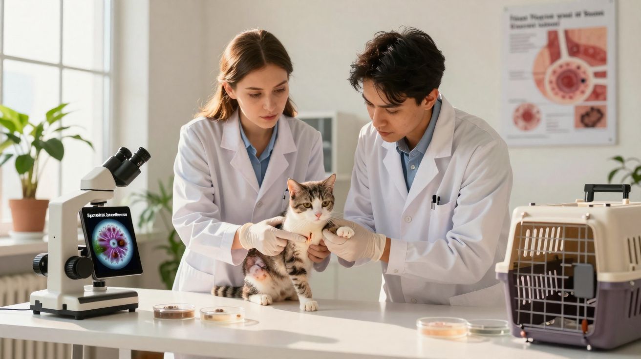 Dois veterinários examinando um gato em clínica, com microscópio e caixa de transporte ao lado.