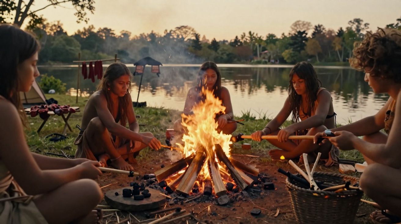 Jovens indígenas sentados em círculo ao redor de uma fogueira próxima a um lago ao entardecer.