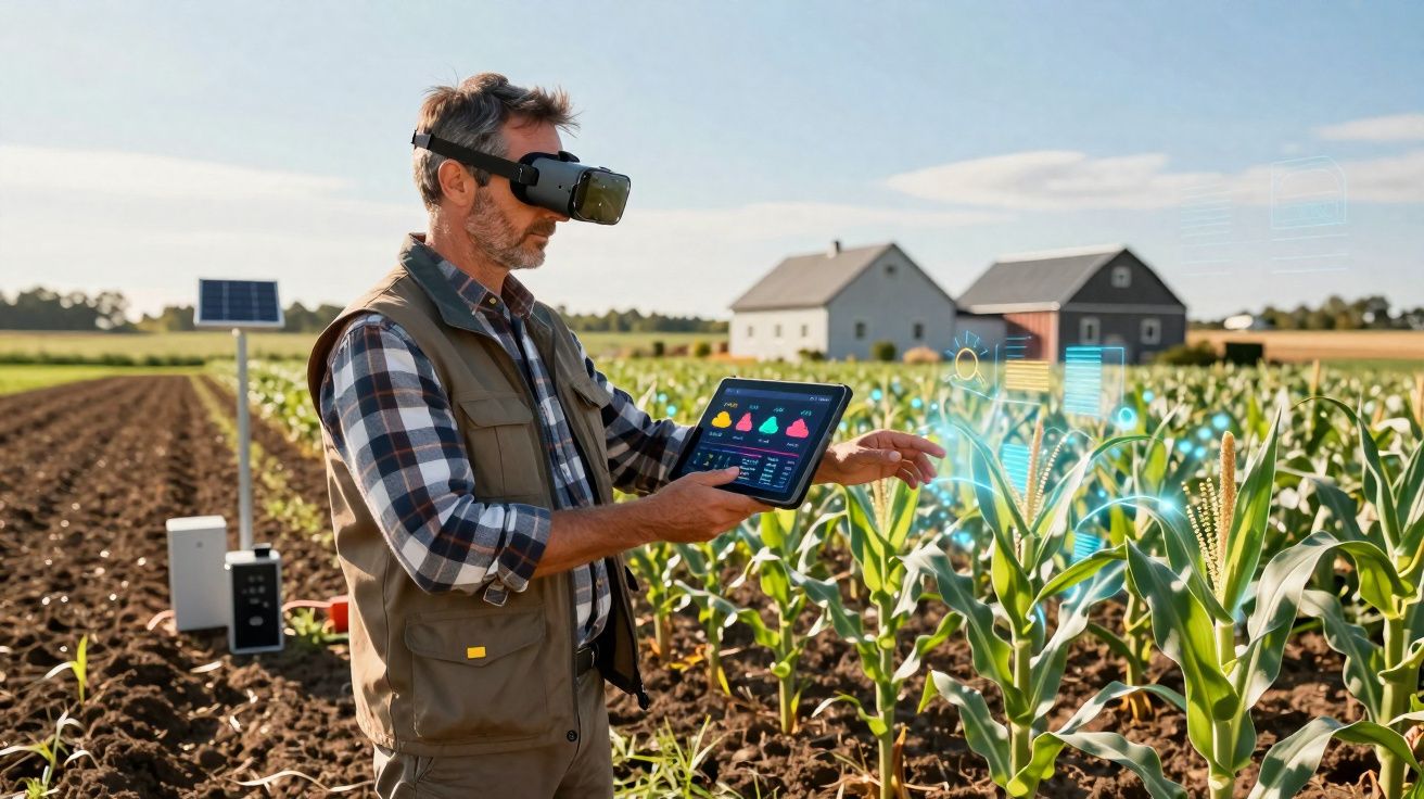 Agricultor usando realidade aumentada e tablet para monitorar plantação de milho em campo ensolarado.