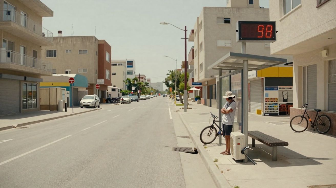 Rua urbana com calçadas largas, sem trânsito, pessoa de chapéu aguardando parada de ônibus sob marcador digital com número 98