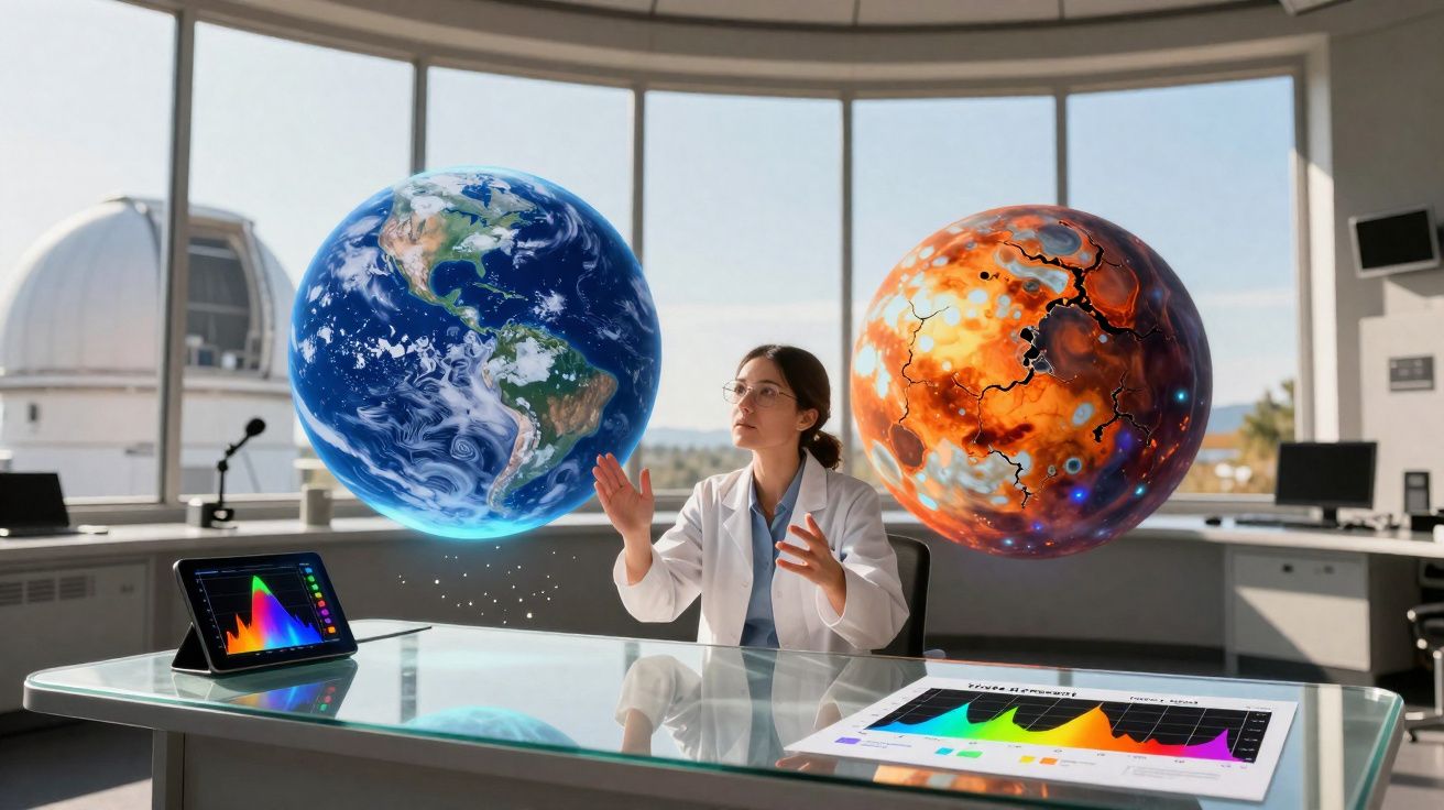 Mulher científica interage com hologramas da Terra e de Marte em laboratório tecnológico moderno.