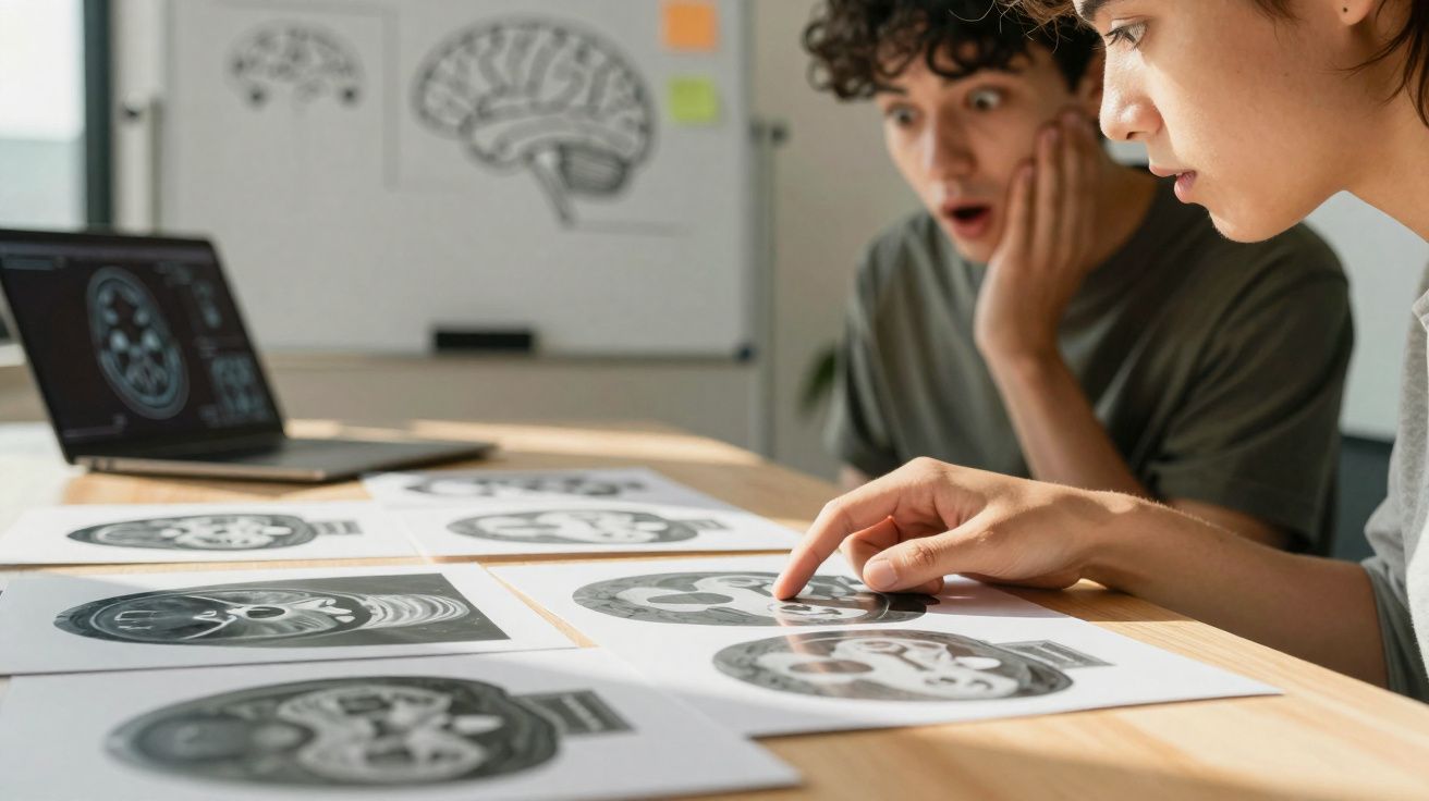 Duas pessoas analisando imagens de ressonância magnética do cérebro em mesa, com laptop aberto ao fundo.