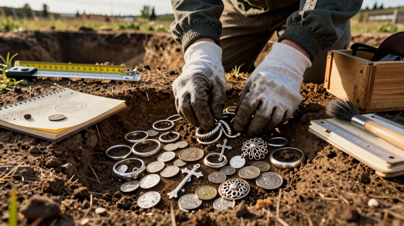 Mãos com luvas recolhendo moedas e joias antigas em escavação arqueológica em terreno aberto.