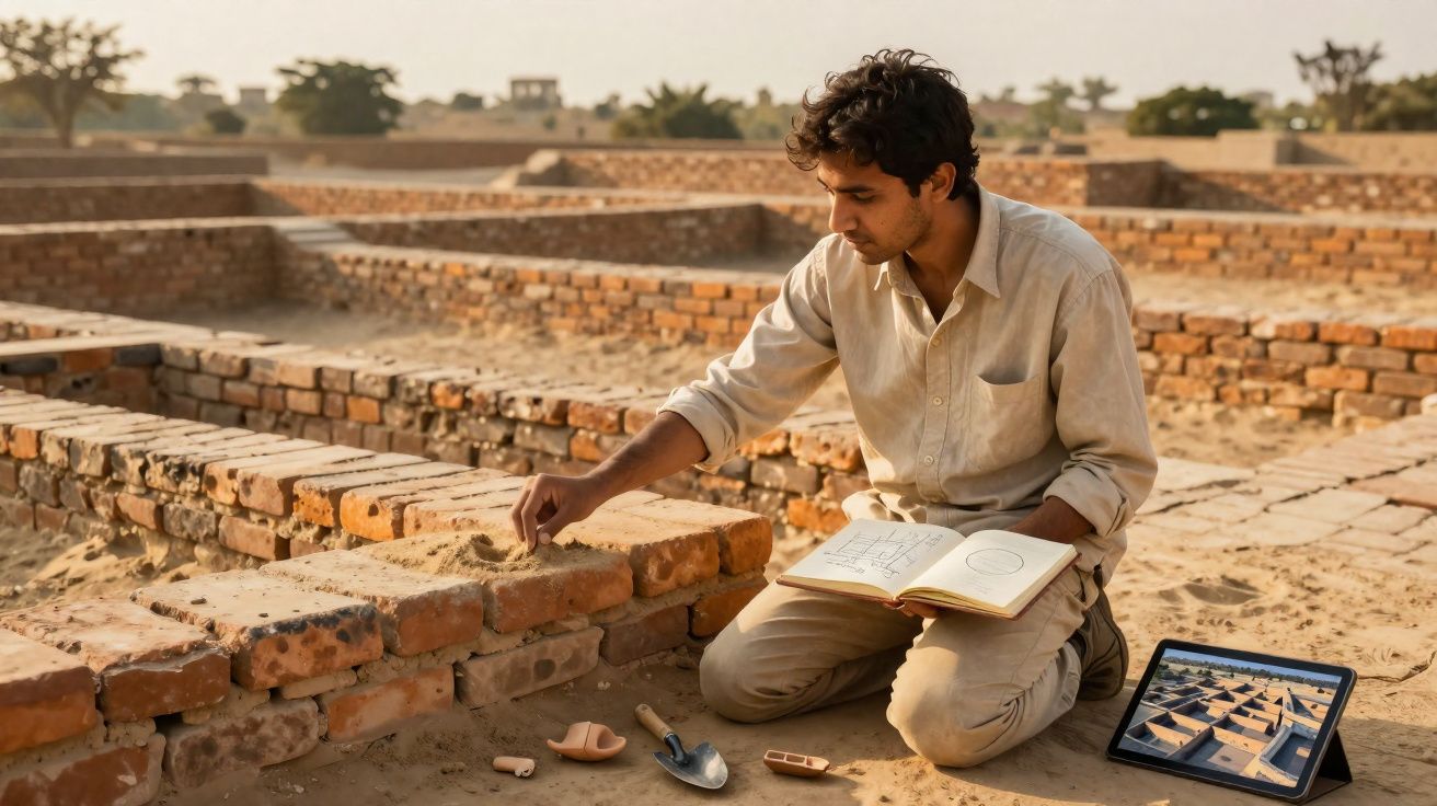 Jovem arqueólogo estudando uma escavação de tijolos com livro e tablet ao lado em área aberta.