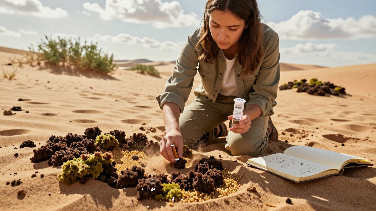 Mulher estudando formações de solo no deserto com caderno aberto ao lado e tubos de amostra na mão.