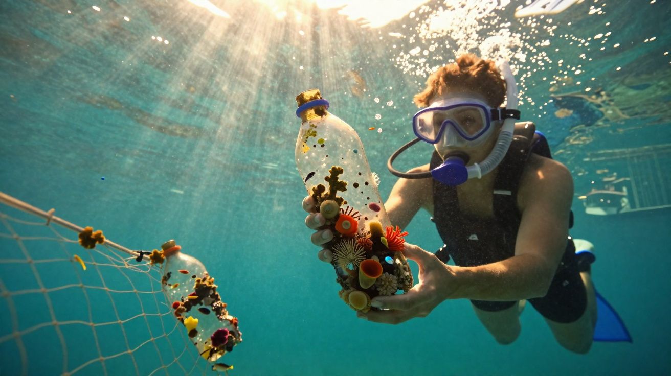Mergulhador coletando garrafa de plástico com corais presos no fundo do mar.