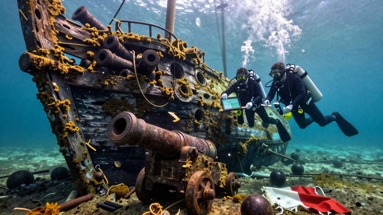 Mergulhadores exploram destroços submersos de navio antigo com canhões e flagras no fundo do mar.