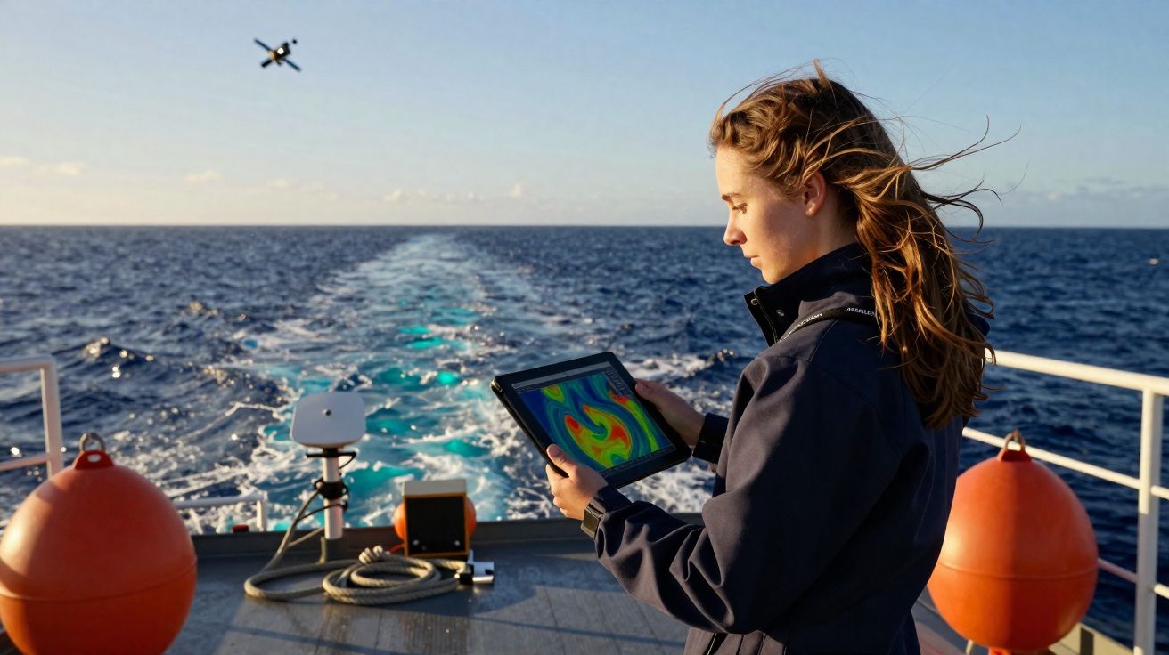 Mulher segurando tablet com imagem térmica, em barco no mar com drone voando ao fundo.