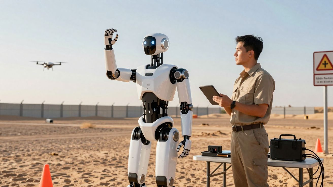 Robô branco acenando para drone enquanto homem com tablet observa em deserto ensolarado.