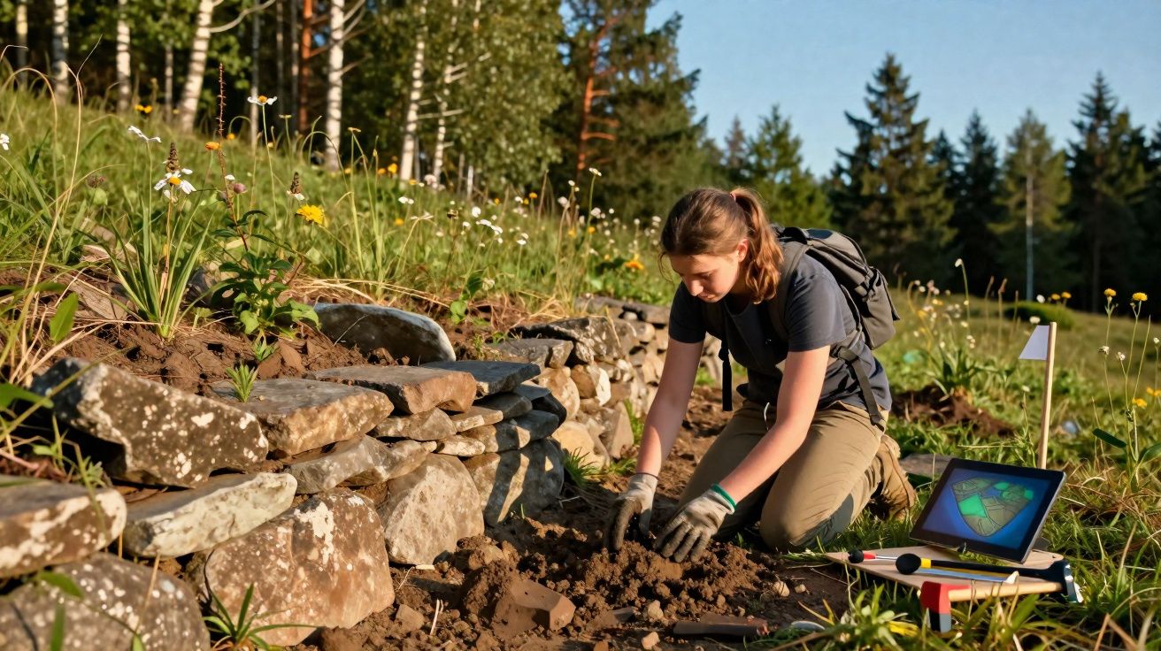 Jovem com mochila e luvas escava solo perto de muro de pedras em área verde com bosque ao fundo.