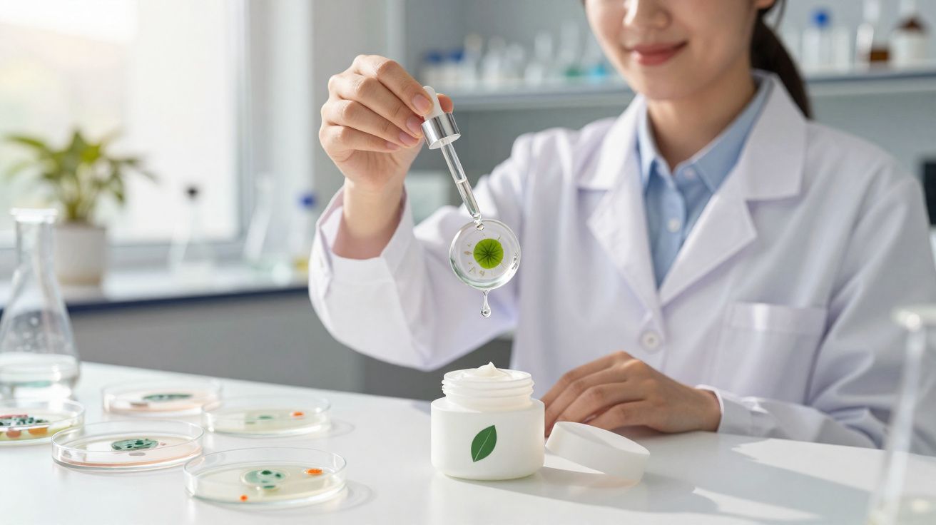 Cientista conduz experimento com extrato natural em laboratório focado em cosméticos ecológicos.