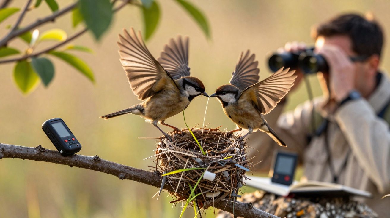 Dois pássaros construindo ninho em galho, com homem observando ao fundo usando binóculo.