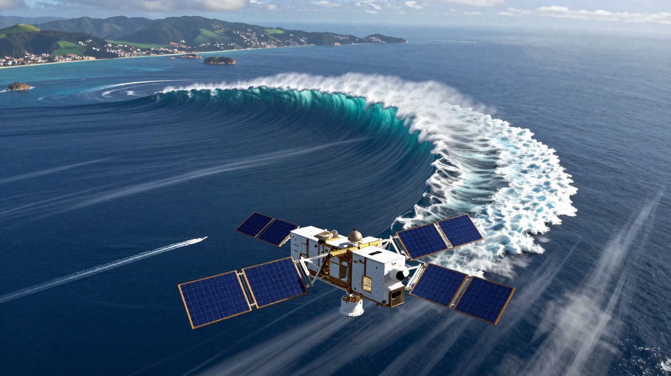 Satélite com painéis solares observando uma enorme onda circular no oceano próximo a uma costa verde.