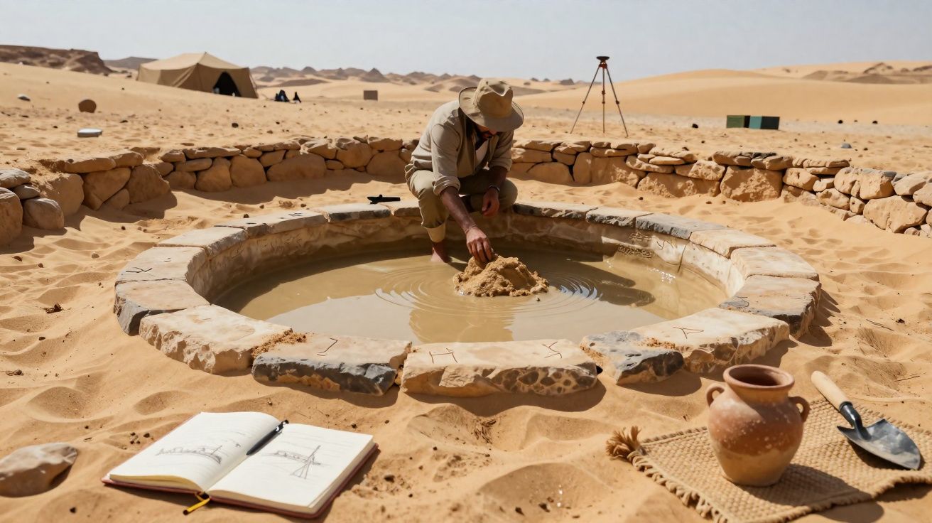 Pesquisador escavando uma estrutura circular com água no deserto, com caderno, jarra e ferramentas ao redor.