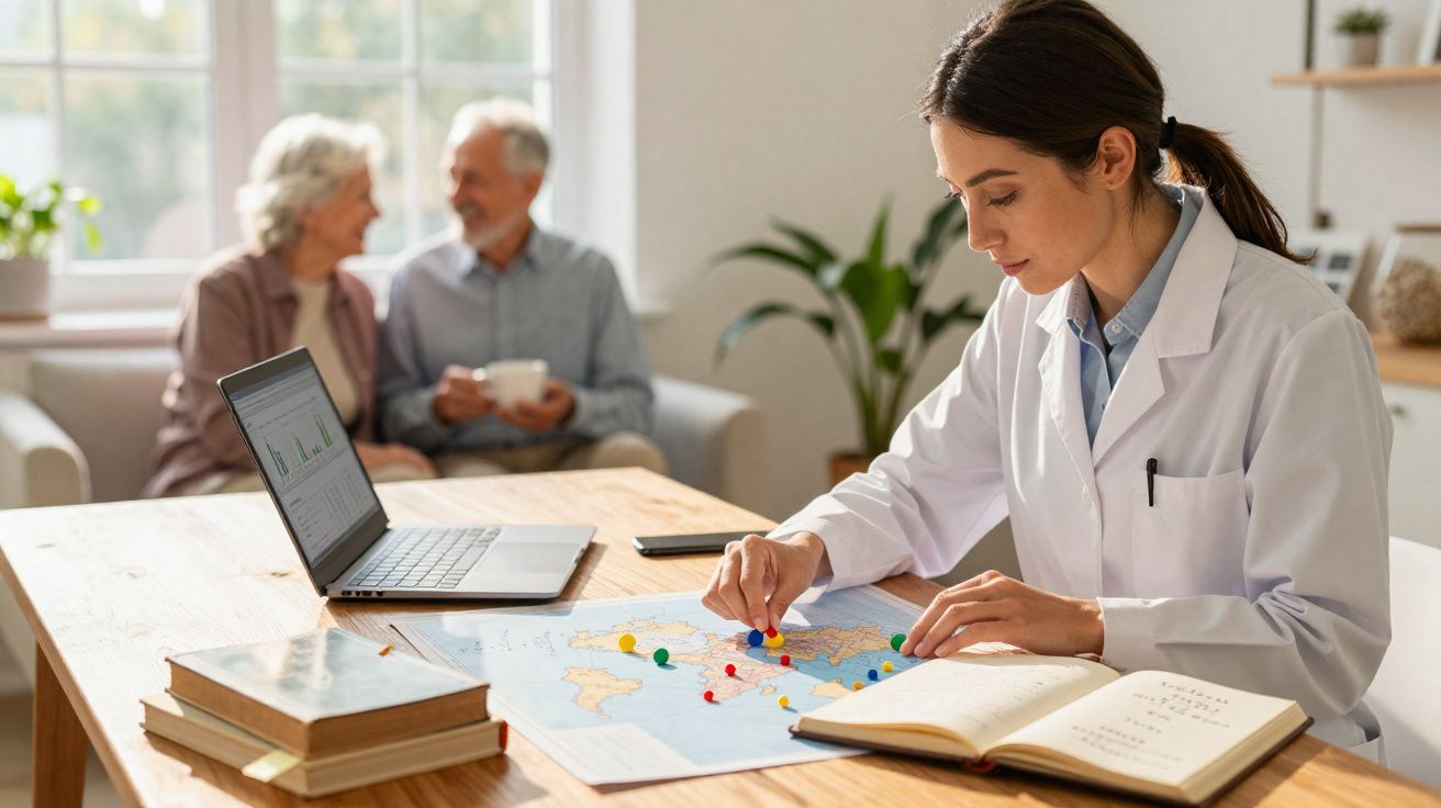 Mulher médica marca mapa na mesa enquanto casal idoso conversa ao fundo em sala iluminada.