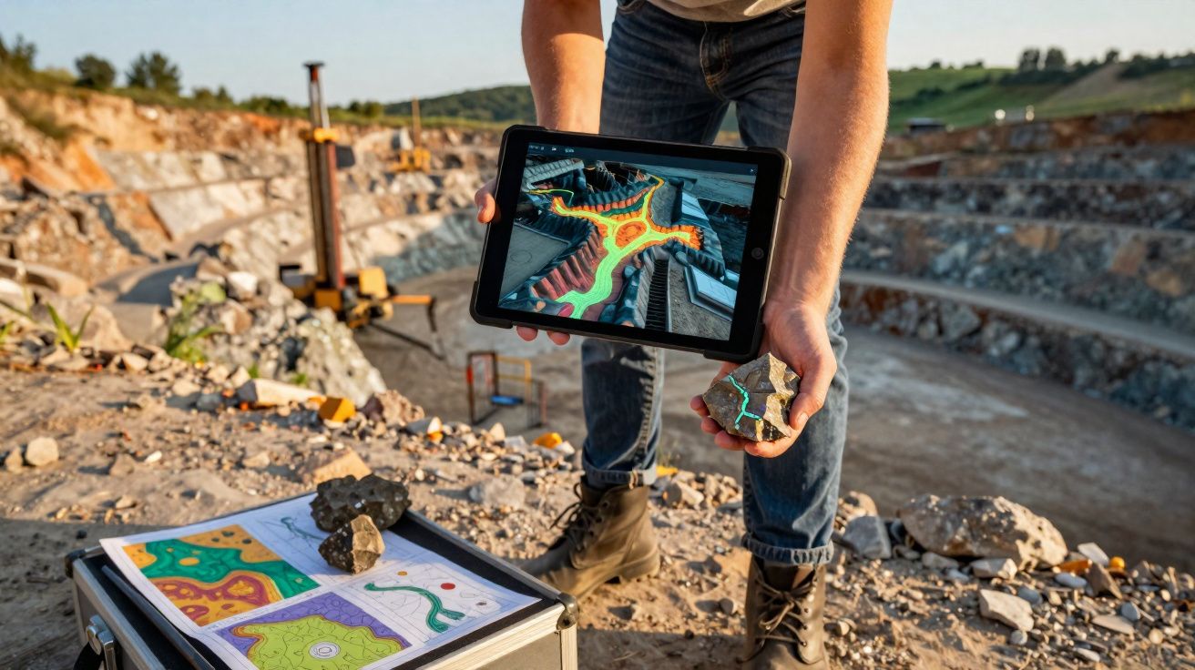Pessoa segurando tablet com imagem colorida e fragmento rochoso em pedreira a céu aberto.