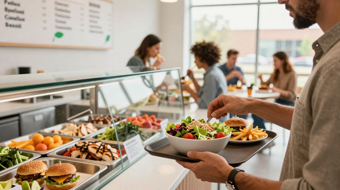 Pessoa servindo salada em bandeja em restaurante self-service com lanches e frutas em destaque.