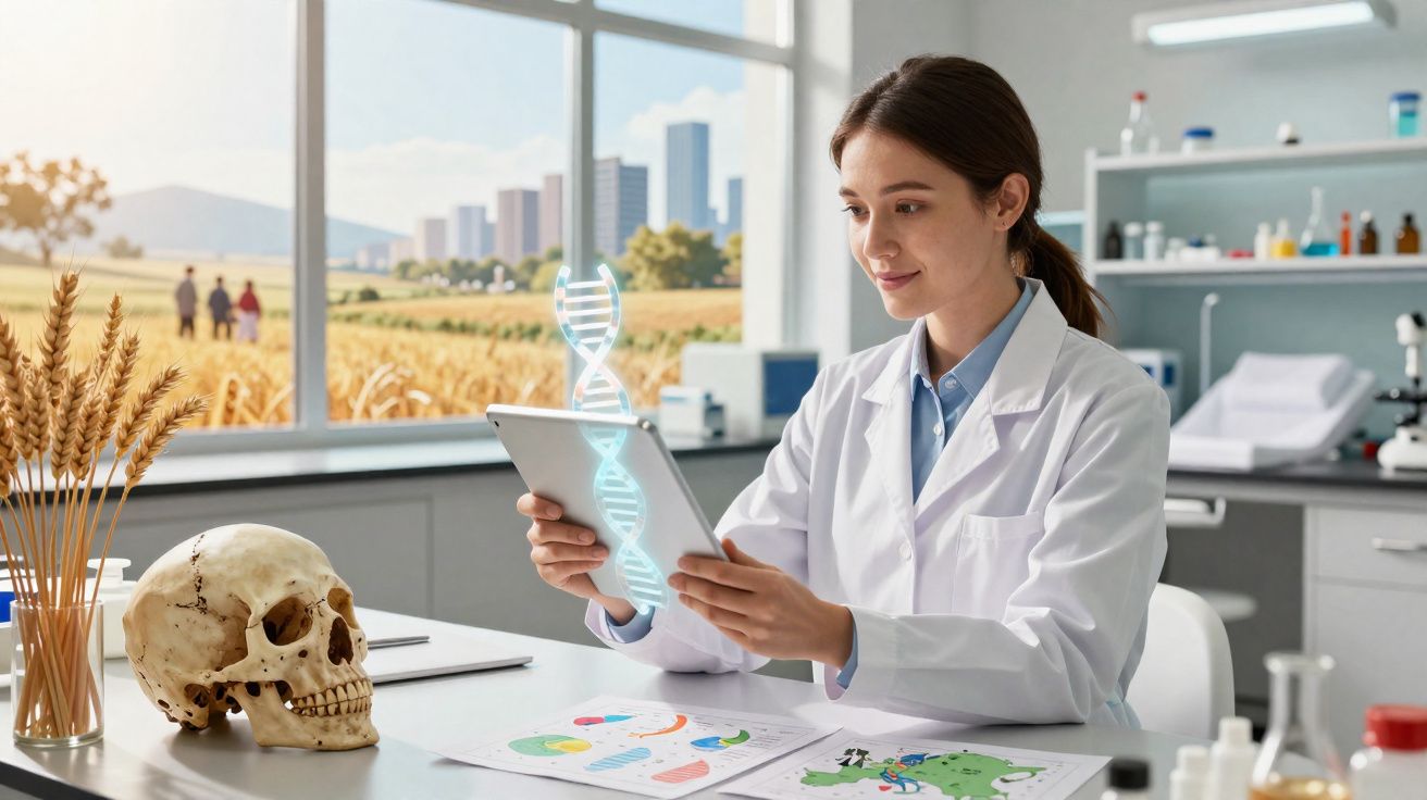 Cientista em laboratório analisando DNA holográfico em tablet com campo e crânio ao fundo.