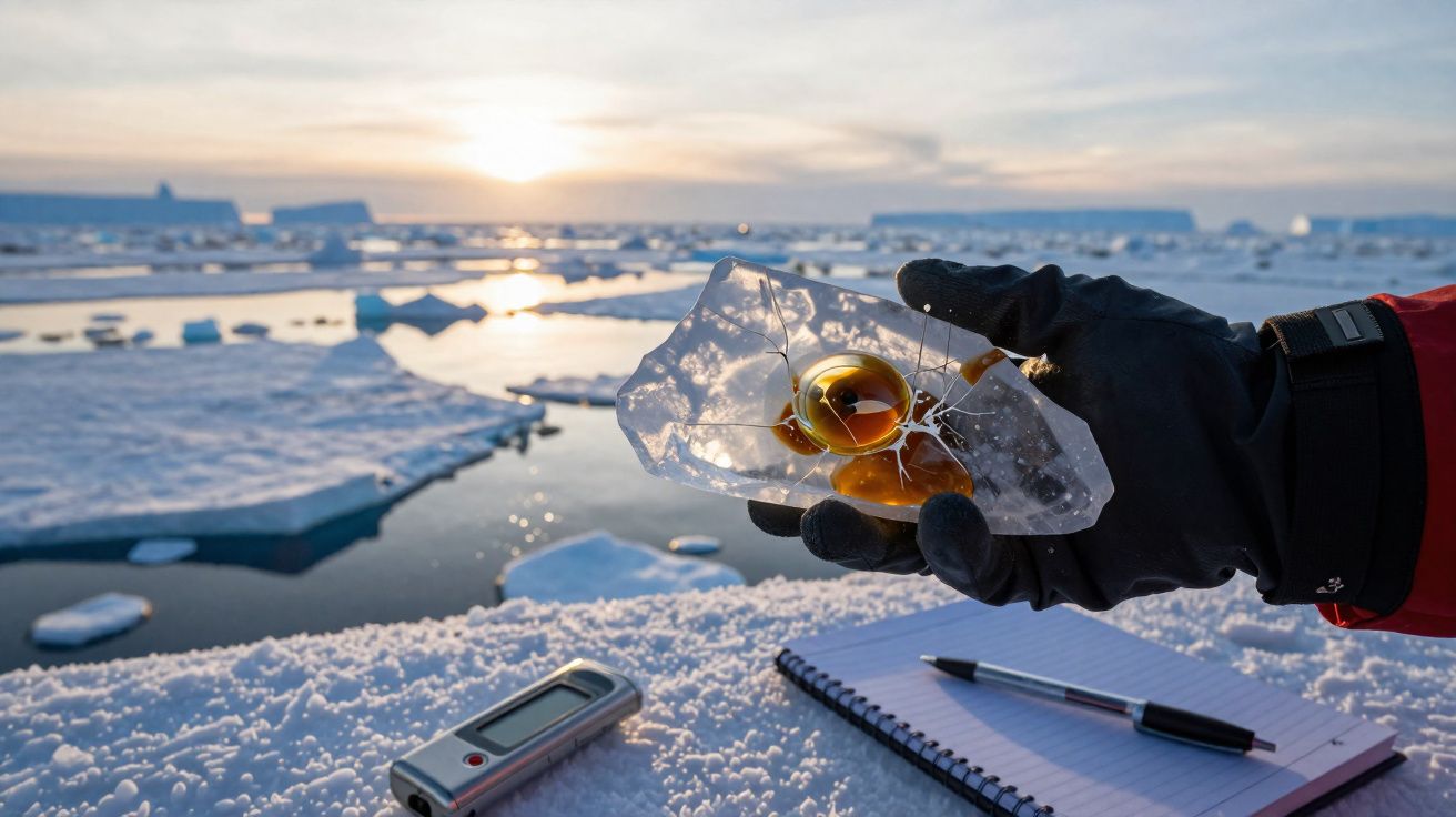 Pessoa usando luva preta segura amostra de gelo com bolhas em área congelada com caderno e registrador.