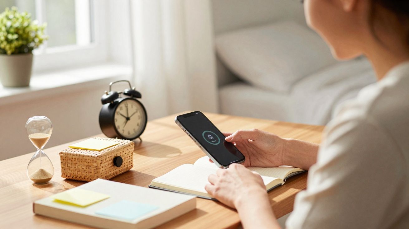 Pessoa segurando celular com tela de carregamento ao lado de caderno, ampulheta e relógio em mesa de madeira.