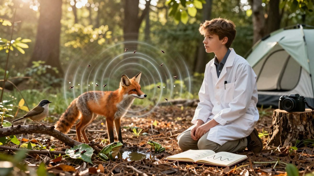 Menino de jaleco branco observa raposa em floresta, ao lado de livro aberto, sapos, um pássaro e barraca ao fundo.