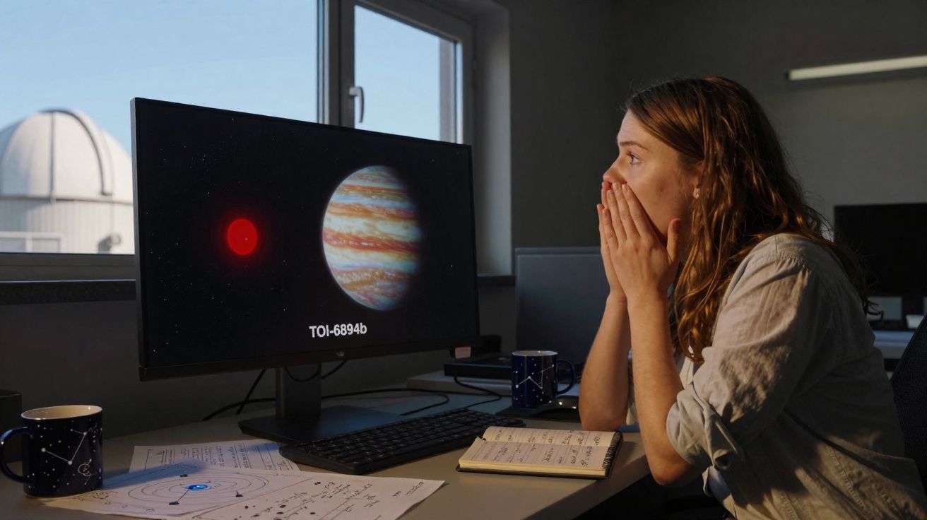 Mulher surpresa olhando para computador mostrando planeta e estrela em ambiente de trabalho escuro.