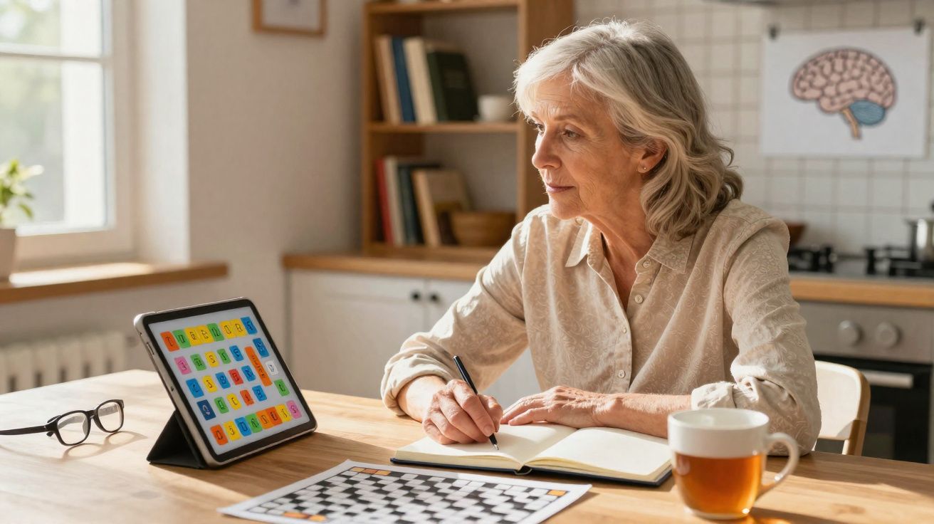 Mulher idosa estudando com tablet, escrevendo em caderno e xícara de chá à mesa na cozinha.