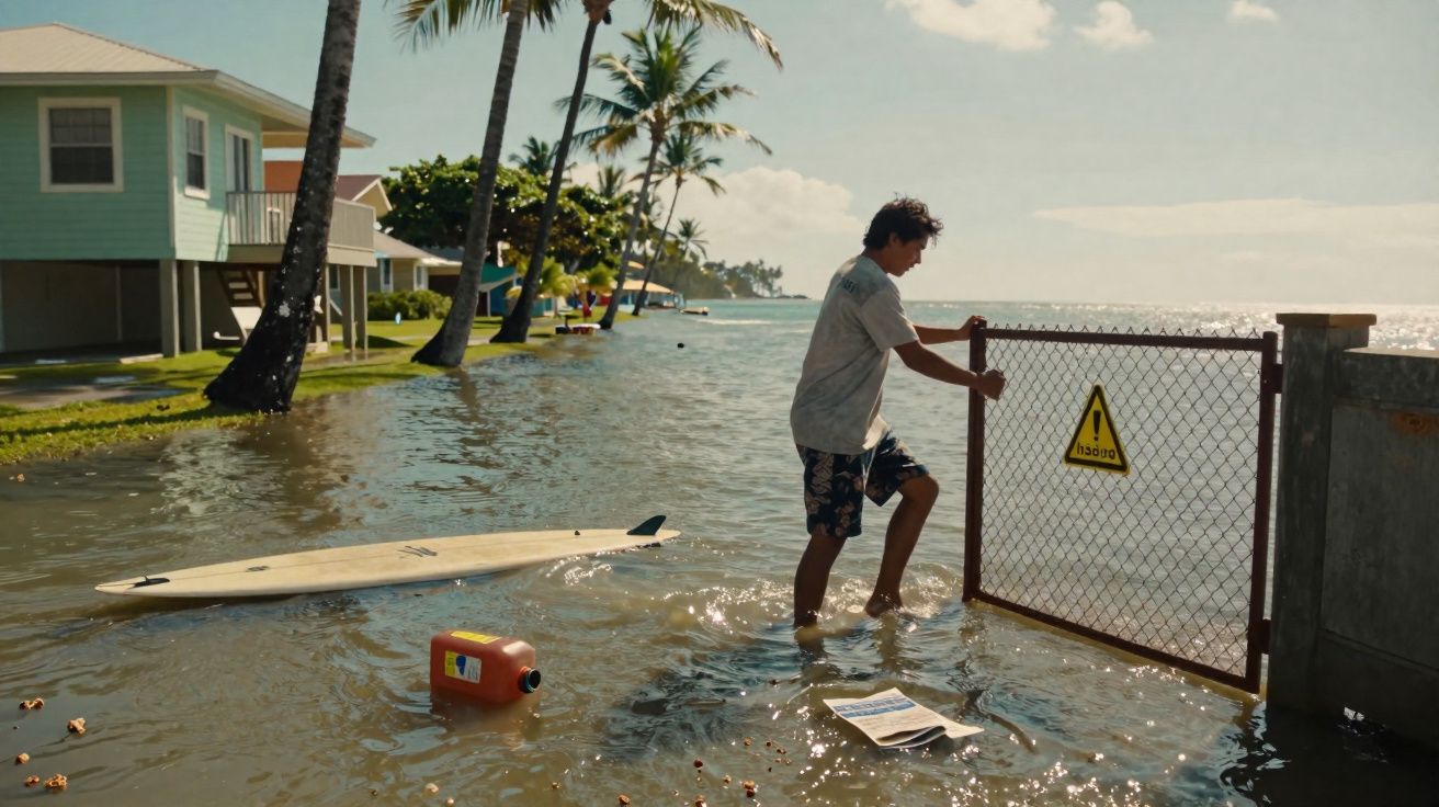 Homem em área alagada segurando portão, perto de prancha de surfe e galões flutuantes em bairro costeiro.