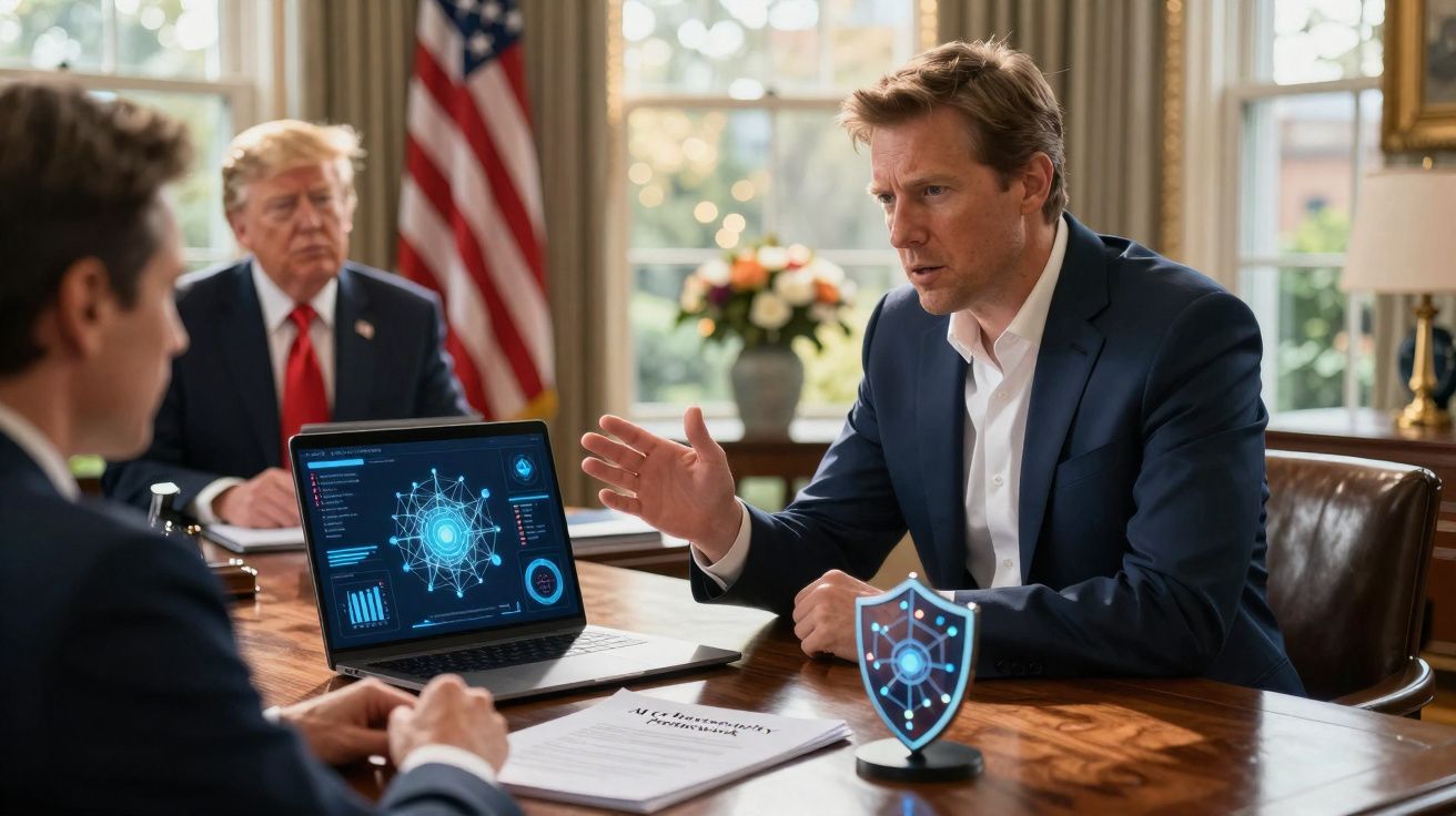 Homens em terno discutem gráficos de cibersegurança exibidos em laptop em sala com bandeira dos EUA ao fundo.