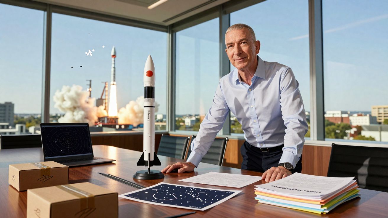 Homem em escritório com modelo de foguete, laptop, papéis e lançamento de foguete ao fundo.