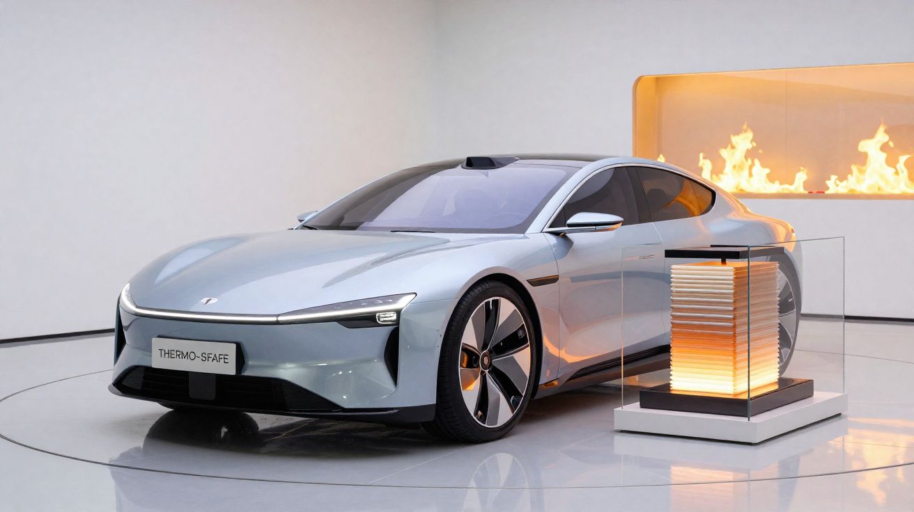 Carro elétrico cinza exposto em ambiente interno moderno com lareira acesa ao fundo.