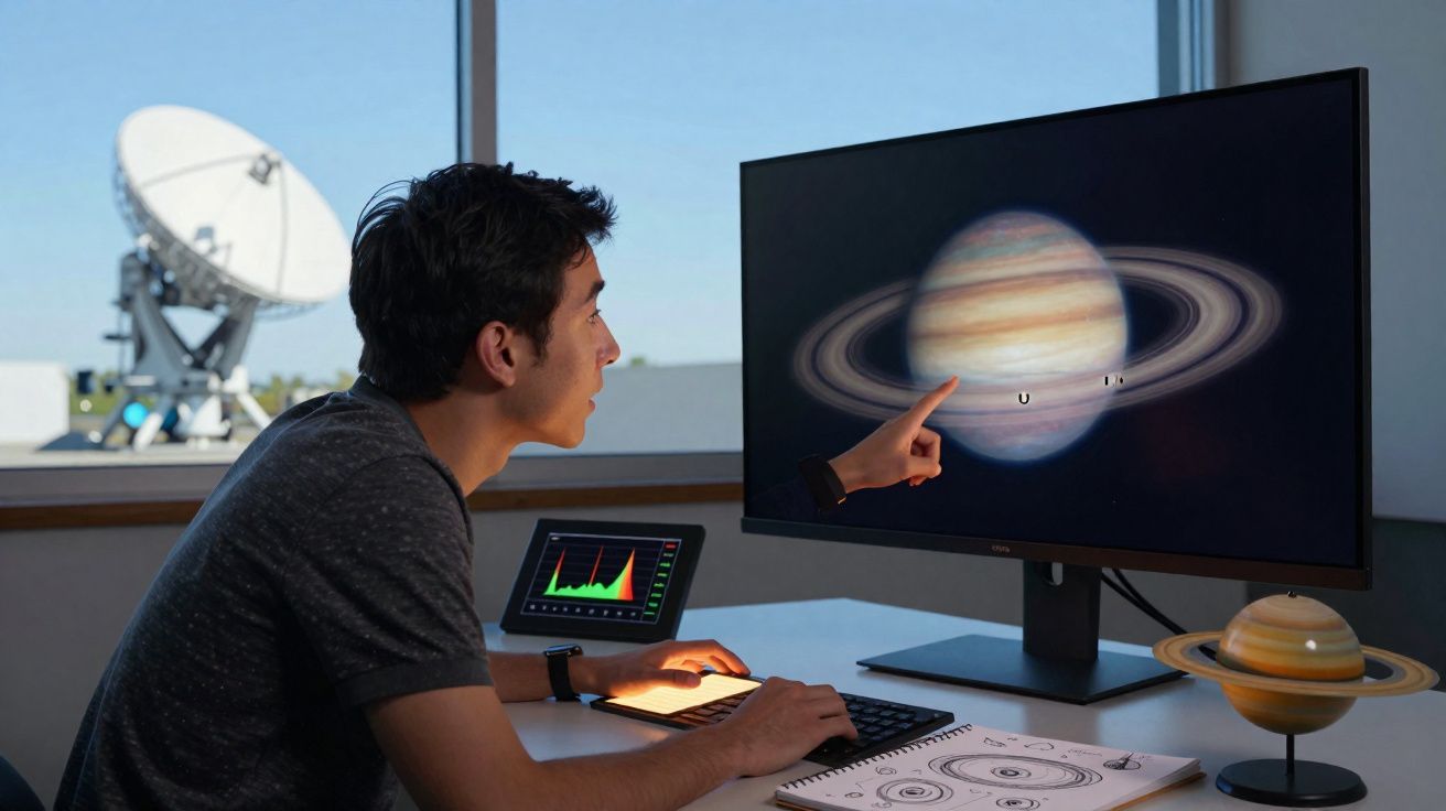 Jovem estudando o planeta Saturno em computador com modelo físico e gráfico ao redor.
