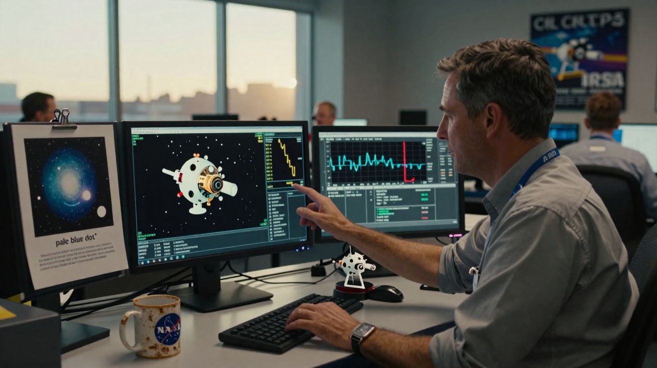 Homem trabalhando em escritório com três telas exibindo gráficos e modelo espacial de nave espacial.