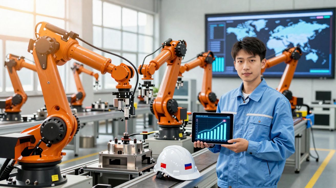 Engenheiro em uniforme azul segurando tablet com gráficos, ao lado de braços robóticos em fábrica moderna.