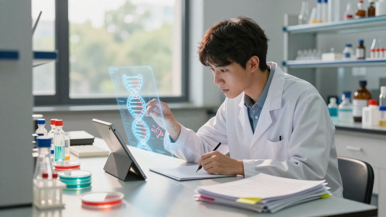 Cientista em laboratório analisando holograma de DNA e tomando anotações em mesa com equipamentos.