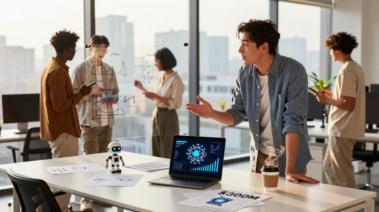 Grupo de jovens discutindo tecnologia com laptop, gráficos e robô em escritório moderno.