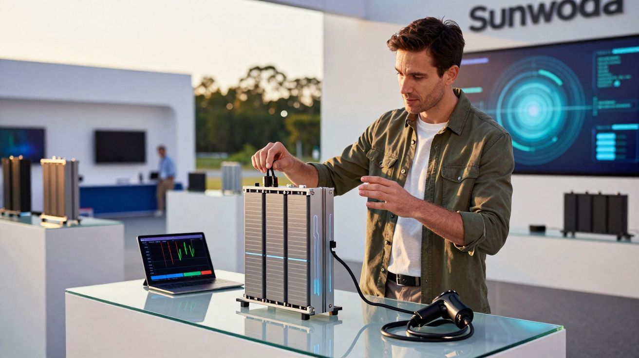 Homem manuseia bateria em exposição tecnológica com laptop e simulador de painel ao fundo.
