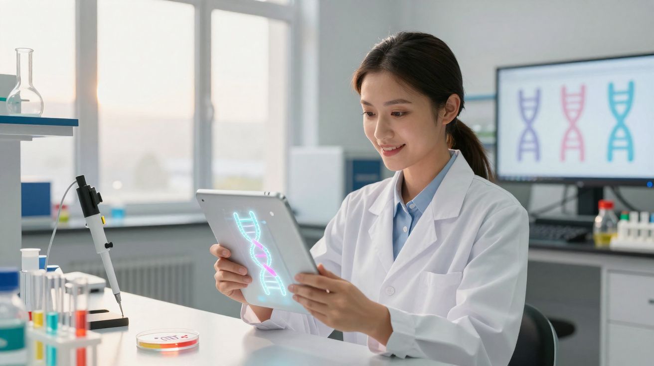 Cientista mulher sorrindo analisa imagem em tablet de dupla hélice de DNA em laboratório moderno.
