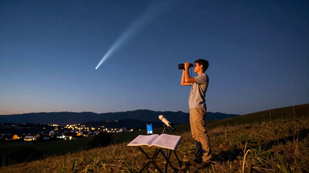 Jovem observa com binóculos cometa brilhante no céu noturno em área rural, ao lado de telescópio e livro aberto.