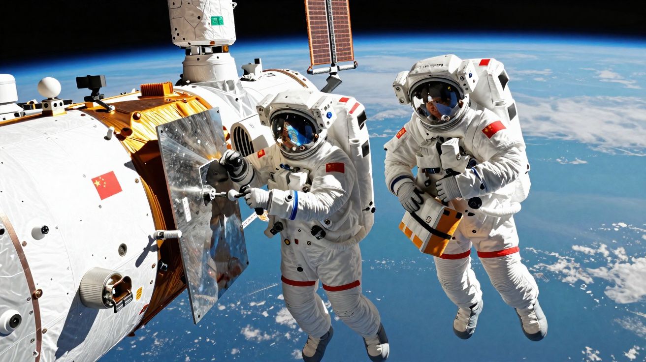 Dois astronautas chineses realizando caminhada espacial ao lado de módulo da estação espacial com Terra ao fundo.